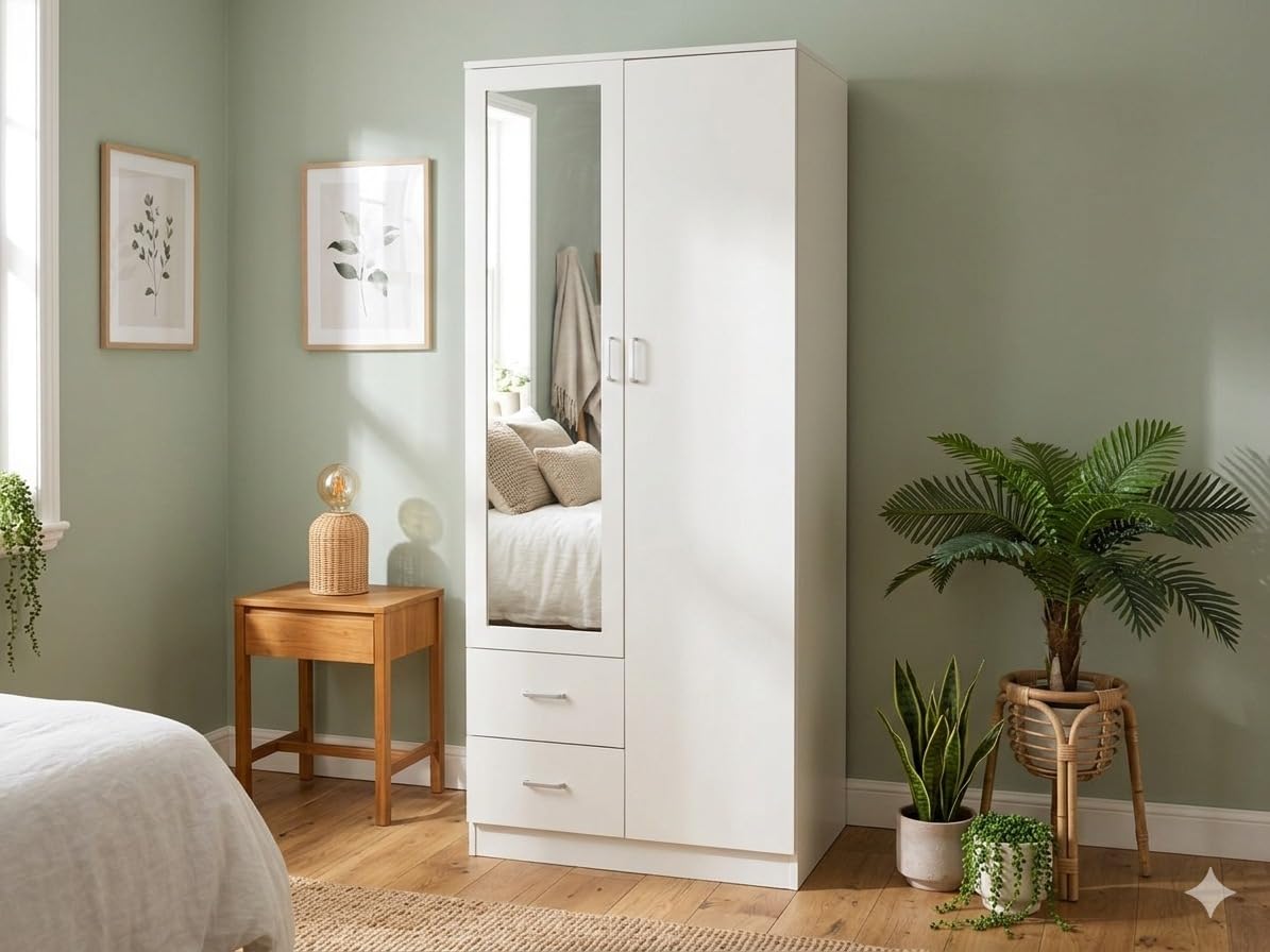 White Mirrored Wardrobe with Drawers